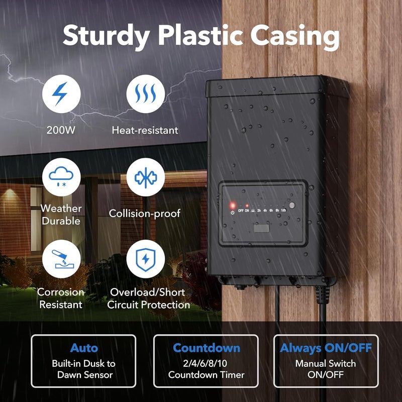 BN-LINK 200W Low Voltage Landscape Transformer with Timer and Dusk-to-Dawn Sensor, 125V AC to 12V/14V AC Converter with Short Circuit Protection, Weatherproof for Outdoor LED and Landscape Lighting - Image 5